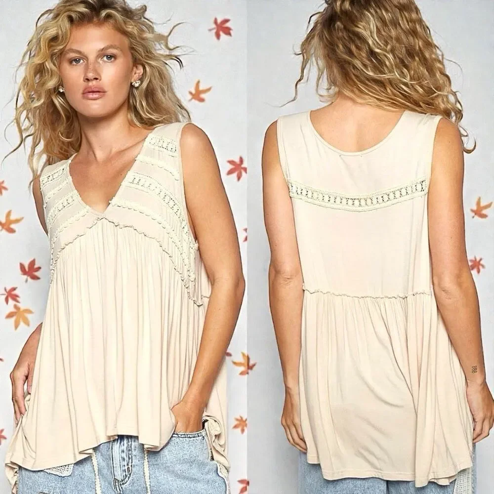 POL Tank Beige Lace Trim Boho Babydoll Sleeveless Top Ruffle Raw Edge Detail NEW - Picture 2 of 13